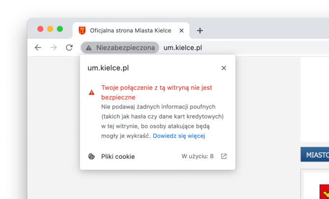 Google Chrome – pasek adresu – domena um.kielce.pl – Twoje połączenie z tą witryną nie jest bezpieczne