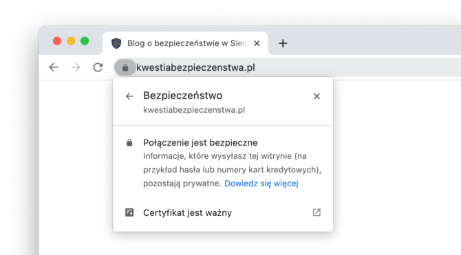 Google Chrome – pasek adresu – domena kwestiabezpieczenstwa.pl – Połączenie jest bezpieczne – wyjaśnienie