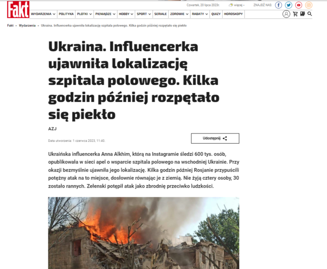 Artykuł: Ukraina. Influencerka ujawniła lokalizację spitala polowego. Kilka
godzin później rozpętało się piekło