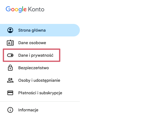 Dane i prywatność na koncie Google