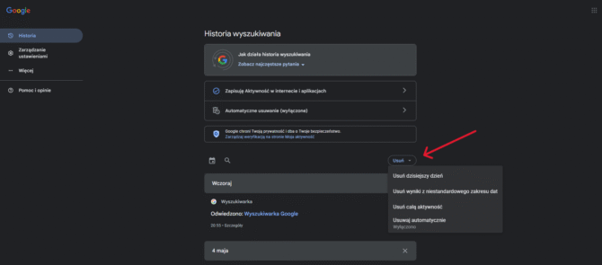 Usuń historię wyszukiwania Google