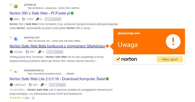Ostrzeżenie w wynikach wyszukiwania Google od Norton Safe Web