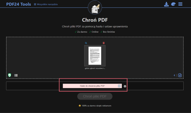 Ochrona PDF hasłem w PDF24 Tools