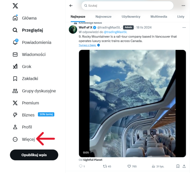 Usuwanie konta Twitter / X na komputerze - krok 1