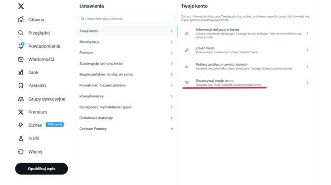 Usuwanie konta Twitter / X na komputerze - krok 3