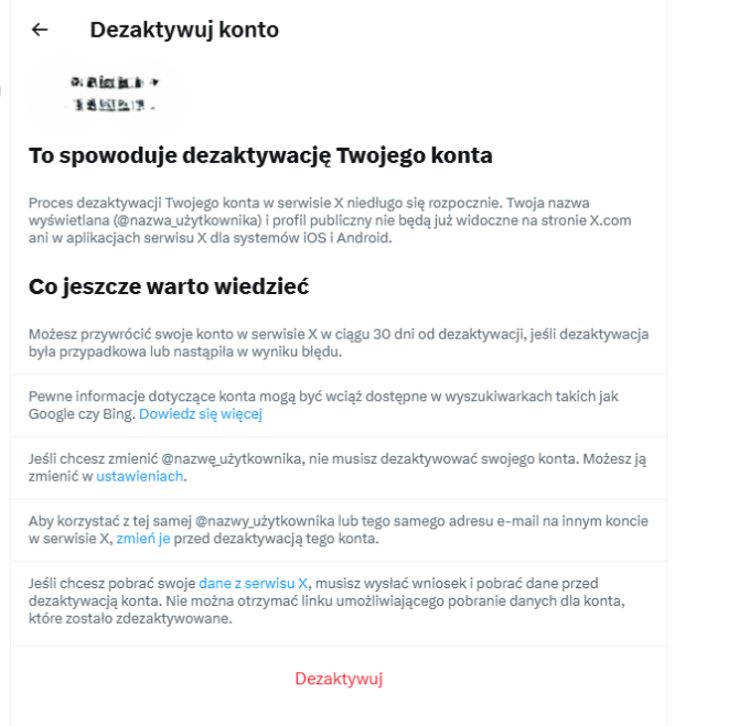Usuwanie konta Twitter / X na komputerze - krok 4