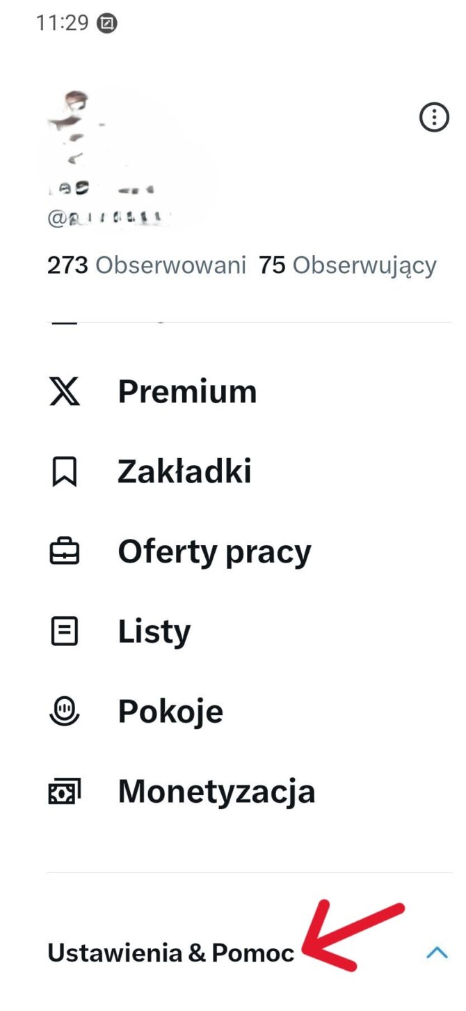 Usuwanie konta Twitter / X na telefonie w aplikacji - krok 1