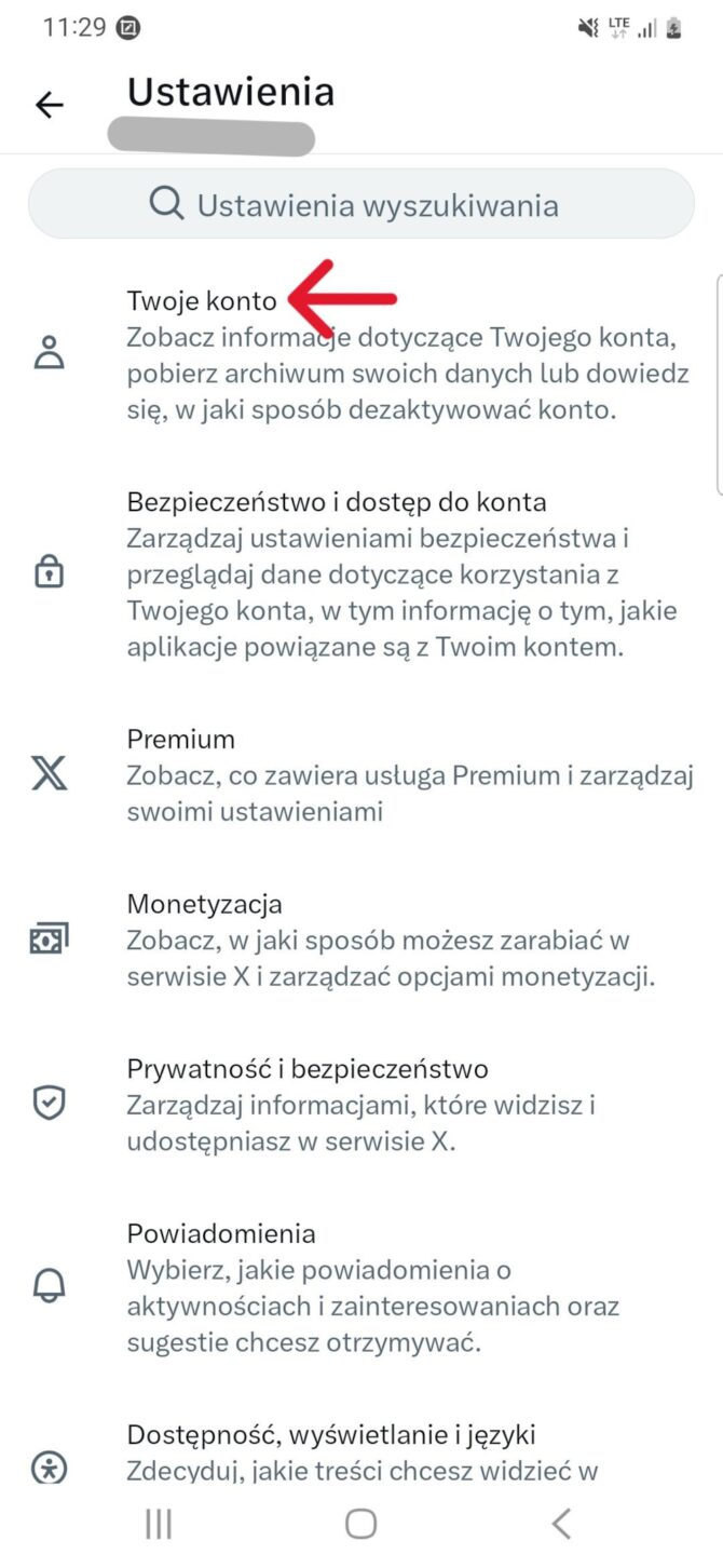 Usuwanie konta Twitter / X na telefonie w aplikacji - krok 2