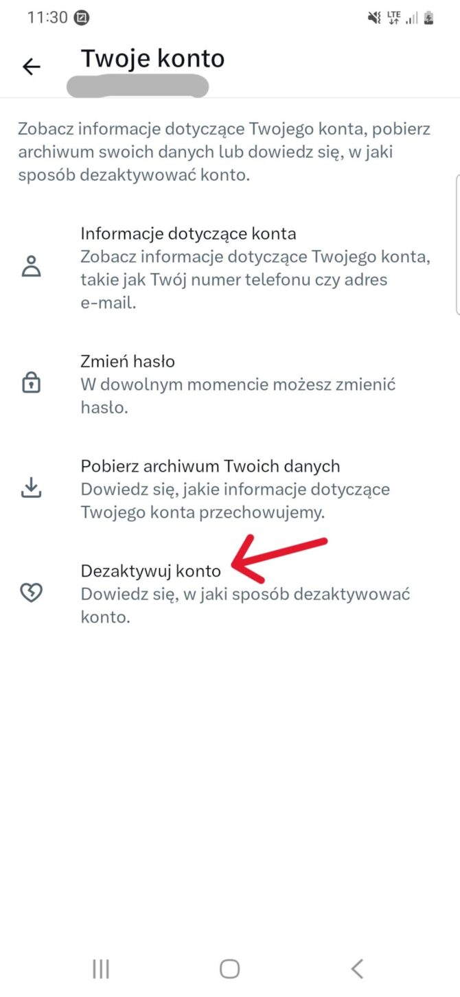 Usuwanie konta Twitter / X na telefonie w aplikacji - krok 3