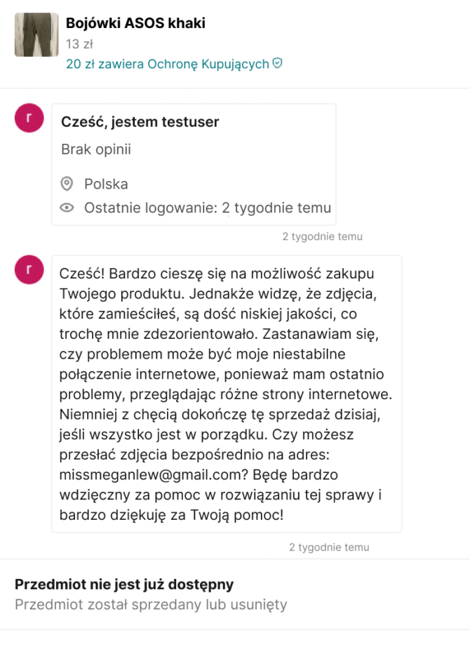 Namawianie na kontakt e-mail na Vinted