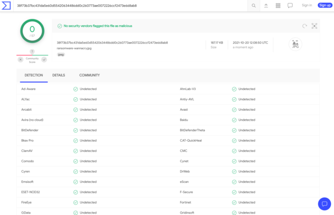 Wynik skanowania jednego ze zdjęć z tego artykułu przez VirusTotal