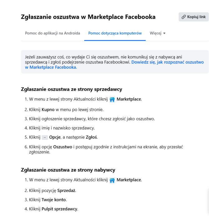 Zgłaszanie oszustwa na Facebook Marketplace
