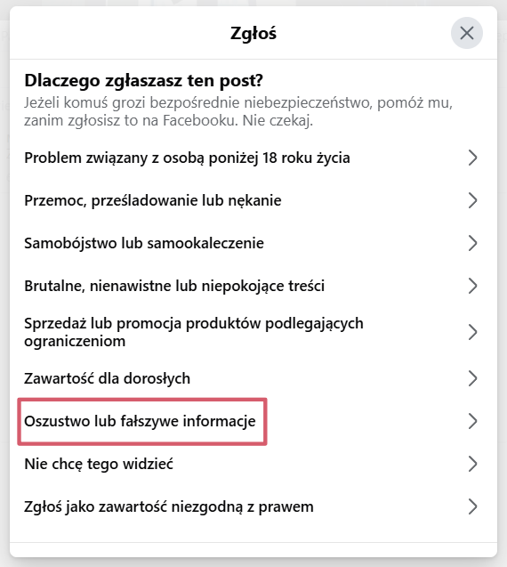 Zgłaszanie posta na Facebooku