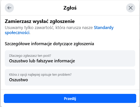 Zgłaszanie posta na Facebooku